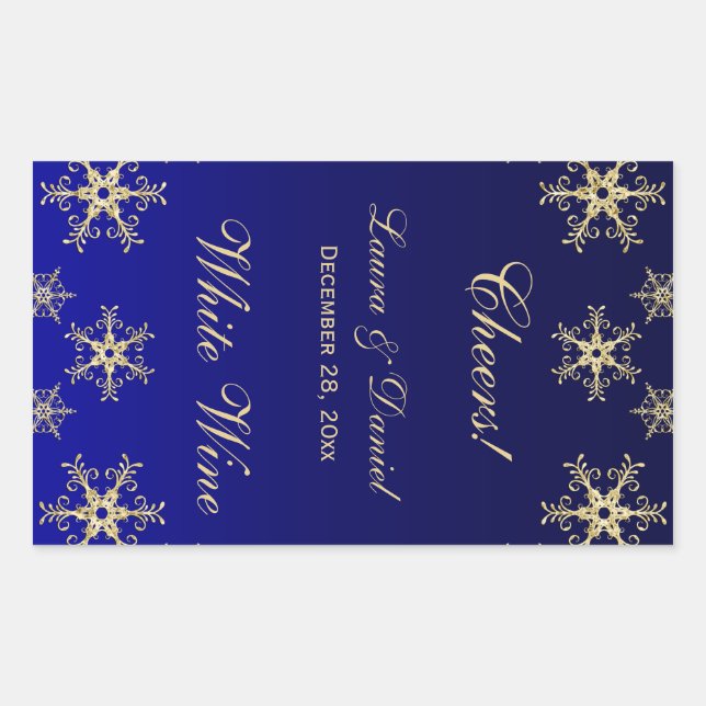 Blue, Gold Glitter Snowflakes Wine Label Sticker (Front)