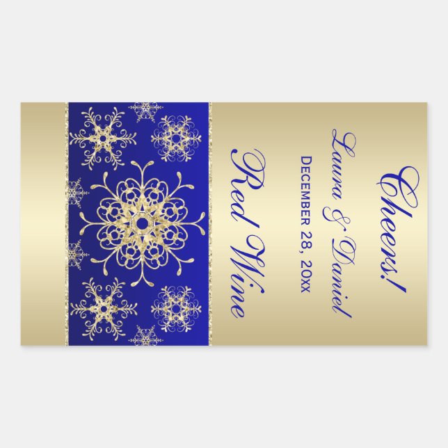 Blue, Gold Glitter Snowflakes Wine Label Sticker (Front)
