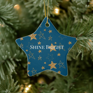 Blue Gold Glitter Stars Ceramic Ornament