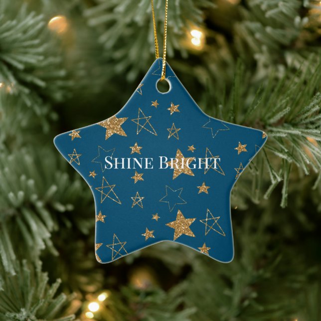 Blue Gold Glitter Stars Ceramic Ornament (Tree)