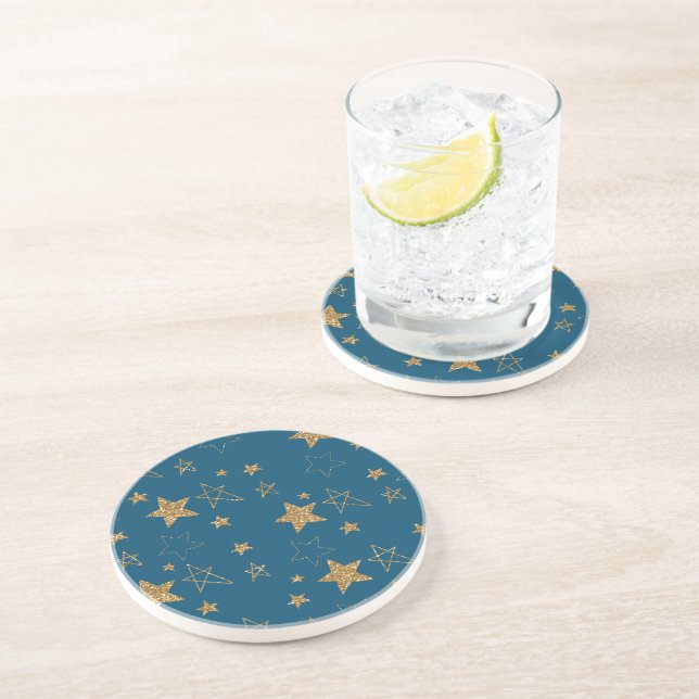 Blue Gold Glitter Stars Coaster (Side)