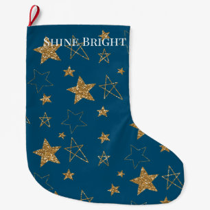 Blue Gold Glitter Stars Large Christmas Stocking