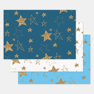 Blue Gold Glitter Stars Wrapping Paper Sheet