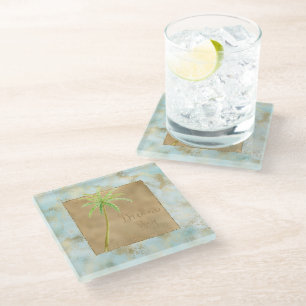 Blue Gold Glitter Tropical Palm Tree Dream    Glass Coaster