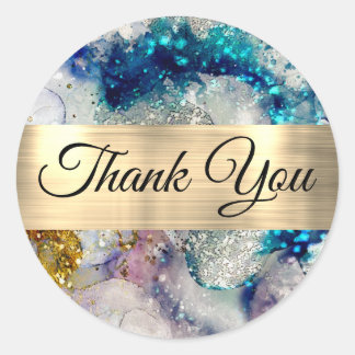 Blue gold glitter watercolor Thank you Classic Round Sticker