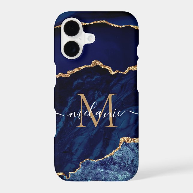 Blue Gold Glitter Your Name and Letter iPhone Case (Back)