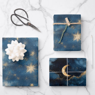 Blue Gold Glitzy Stars Sky Moon Birthday Wrapping Paper Sheet
