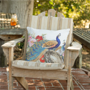 Blue Gold Gold Feather Peacock Bird Floral Patio Cushion