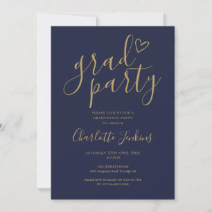 Blue Gold Grad Party Script Heart Graduation Party Invitation