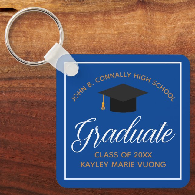Blue Gold Graduate Custom Graduation Gift Key Ring (Front)