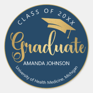 Blue Gold Graduate Name Graduation Classic Round Sticker