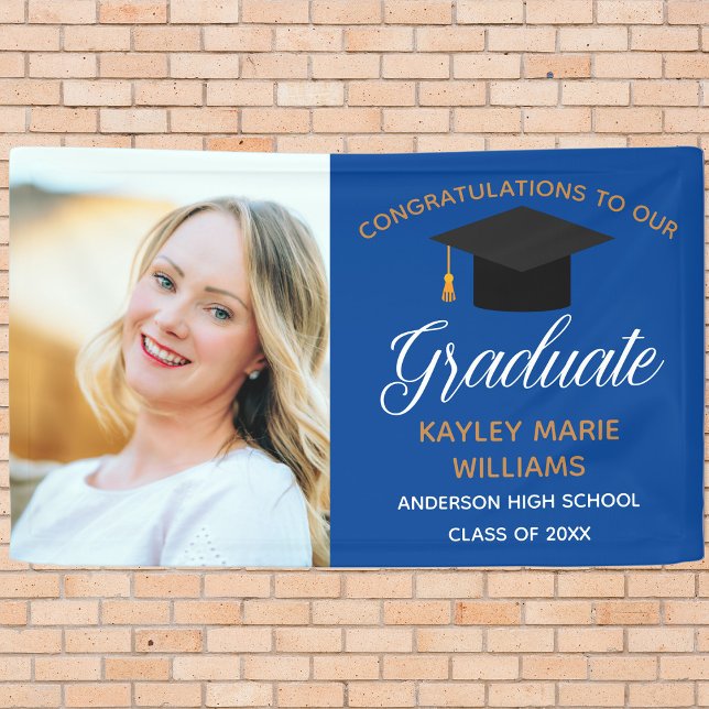 Blue Gold Graduate Senior Photo Graduation Party Banner (Creator Uploaded)