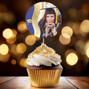 Blue   Gold Graduate Wave Grad Cap Photo Classic Round Sticker