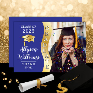 Blue Gold Graduate Wave Grad Cap Photo Thank You Card