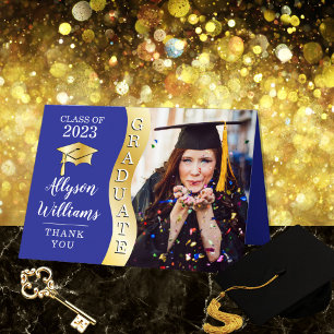 Blue Gold Graduate Wave Grad Cap Photo Thank You Card