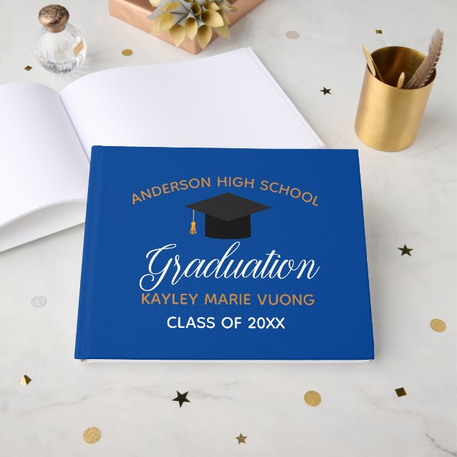 Blue Gold Graduation Autograph Keepsake 2025 Guest Book (Front Open)