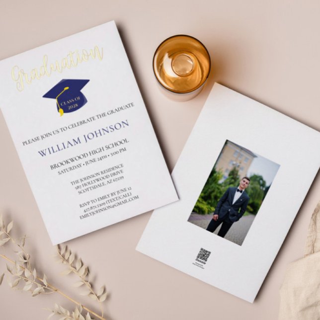 Blue Gold Graduation Cap & Tassel Foil Invitation (Creator Uploaded)
