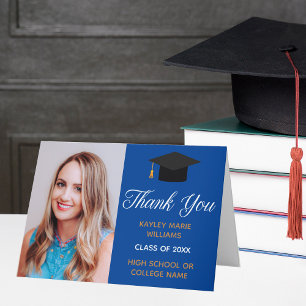 Blue Gold Graduation Photo 2025 Classic Graduate Thank You Card