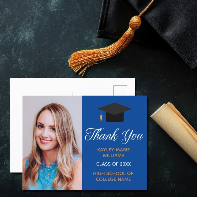 Blue Gold Graduation Photo 2025 Graduate Thank You Postcard (Creator Uploaded)