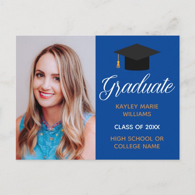 Blue Gold Graduation Photo Graduate Announcement Postcard (Front)