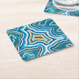 Blue Gold Graphic Agate Square Paper Coaster