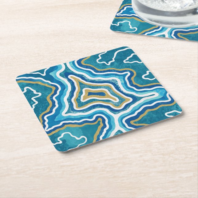 Blue Gold Graphic Agate Square Paper Coaster (Angled)