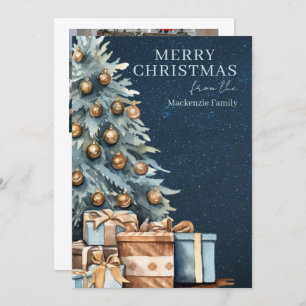 Blue Gold Green Christmas Tree Photo Personalized Holiday Card