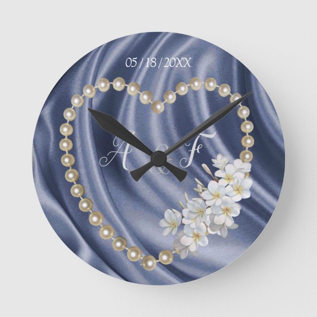 Blue,Gold,Green,Ivory,Silk & Pearls Round Clock (Front)