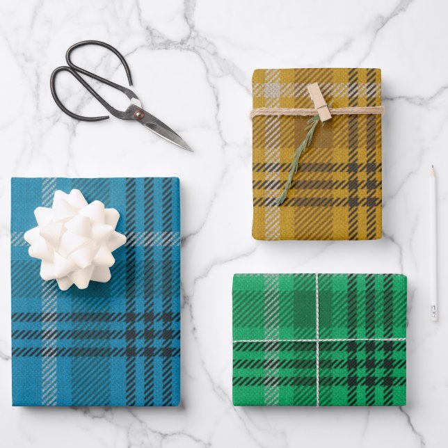 Blue, Gold, Green Plaid  Wrapping Paper Sheet (Front)