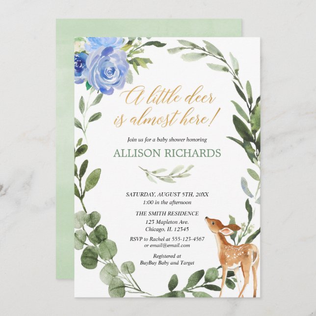Blue gold greenery little deer boy baby shower invitation (Front/Back)