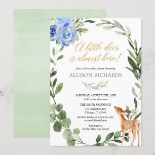 Blue gold greenery little deer boy baby shower invitation