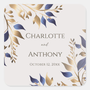 Blue Gold Greenery Modern Wedding Square Sticker