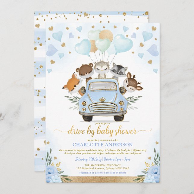 Blue Gold Greenery Woodland Drive By Baby Shower Invitation (Front/Back)