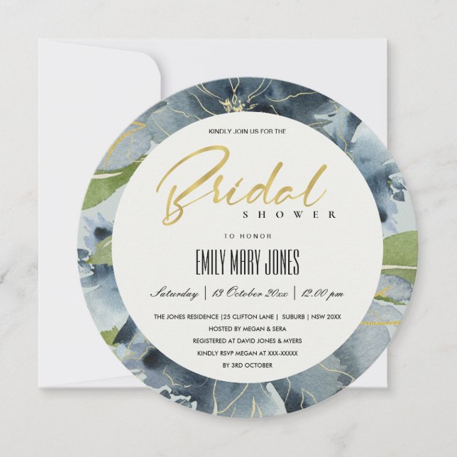 BLUE GOLD GREY FLORAL WATERCOLOR BRIDAL SHOWER INVITATION (Front)