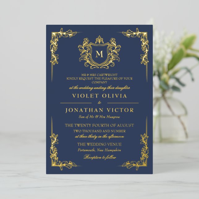 Blue Gold Hand-Drawn Vintage Crest Monogram  (Standing Front)