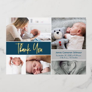 Blue Gold handlettering Custom Photos Baby Shower Foil Holiday Card