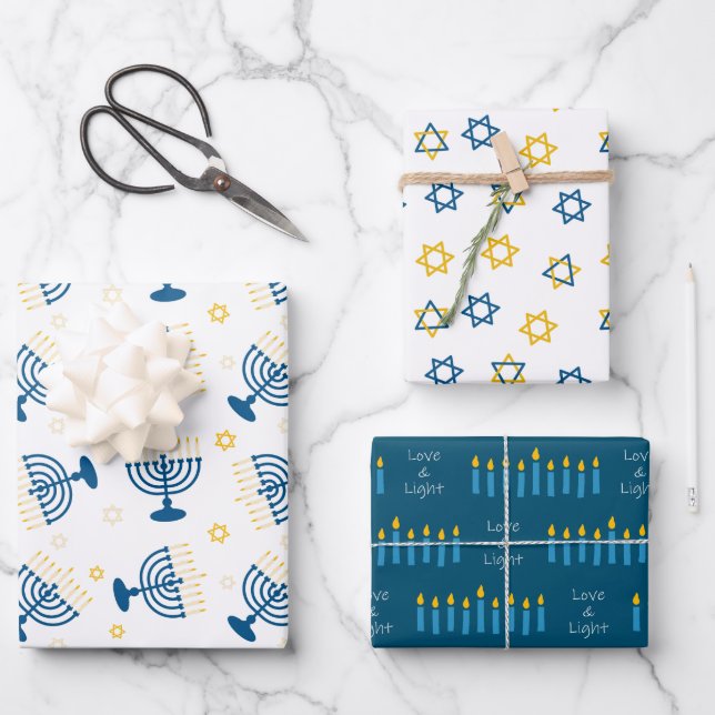 Blue & Gold Hanukkah Menorah Star of David Pattern Wrapping Paper Sheet (Front)