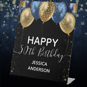 Blue Gold Happy 50th Birthday Pedestal Sign
