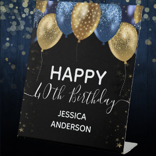 Blue Gold Happy Birthday  Pedestal Sign