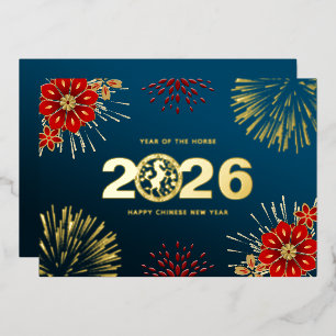 Blue Gold Happy Chinese New Year of the Horse Foil Holiday Card