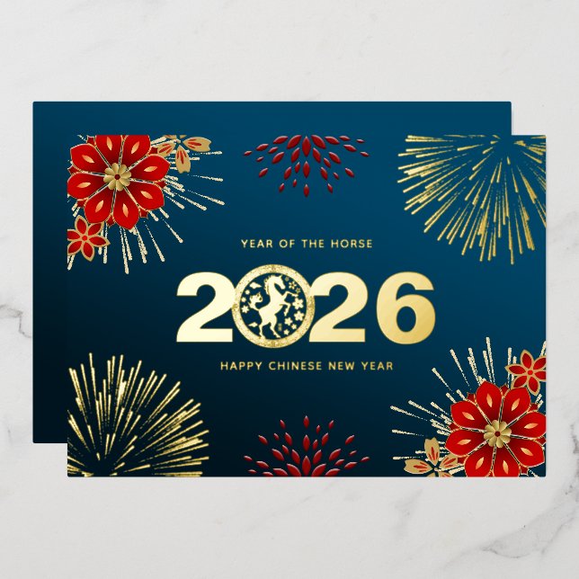 Blue Gold Happy Chinese New Year of the Horse Foil Holiday Card (Front/Back)