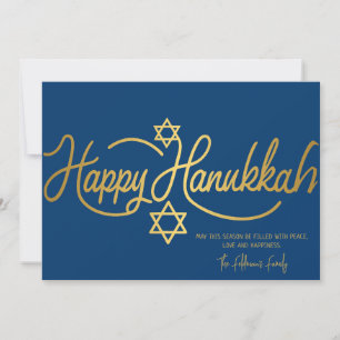 Blue & Gold Happy Hanukkah Calligraphy   Holiday Card