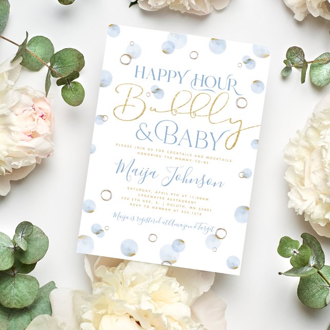 Blue Gold Happy Hour Bubbly and Baby Shower Invitation (Creator Uploaded)