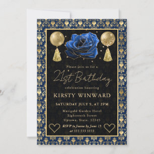 Blue & Gold Heart Damask & Rose 21st Birthday Invitation