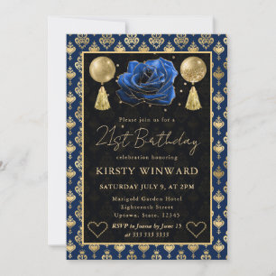 Blue & Gold Heart Damask & Rose 21st Birthday Invitation