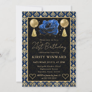 Blue & Gold Heart Damask & Rose 21st Birthday Invitation