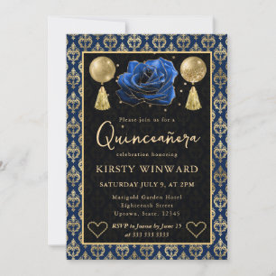 Blue & Gold Heart Damask & Rose Quinceanera Invitation