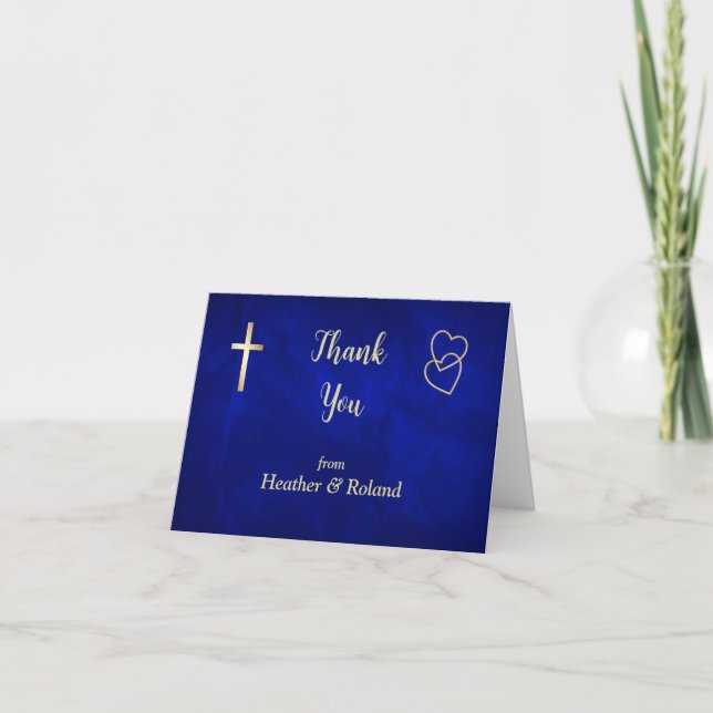 Blue Gold Hearts Christian Cross Wedding Thank You Card (Front)