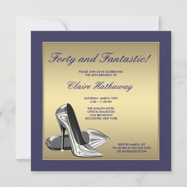 Blue Gold High Heels Womans 40th Birthday Party Invitation (Front)