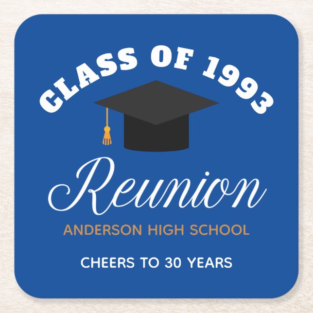 Blue Gold High School Reunion Personalised Party Square Paper Coaster (Front)